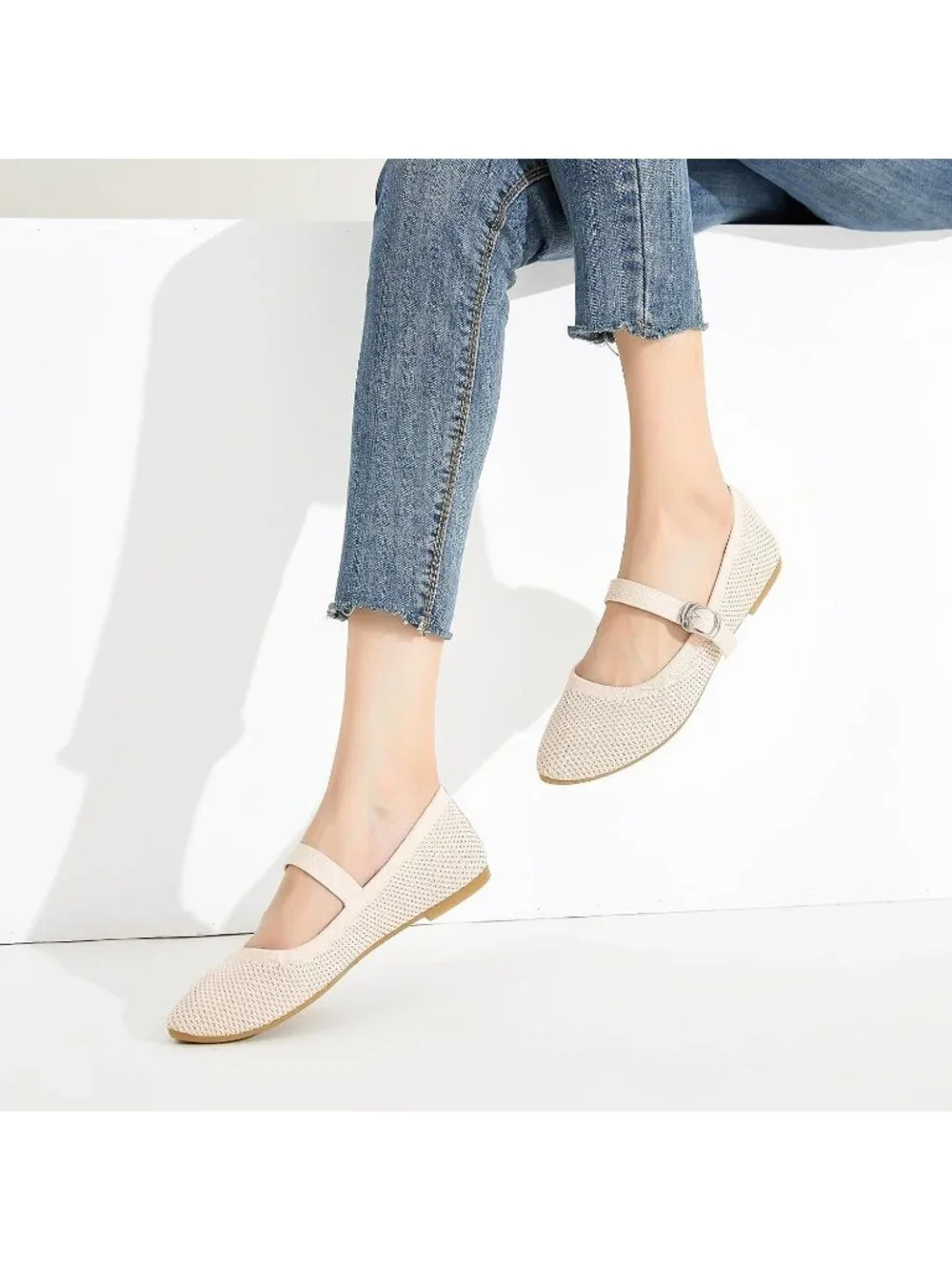 Women's Nude Knit Mesh Ballet Flat Foldable With Buckle Strap Comfortable Shoes